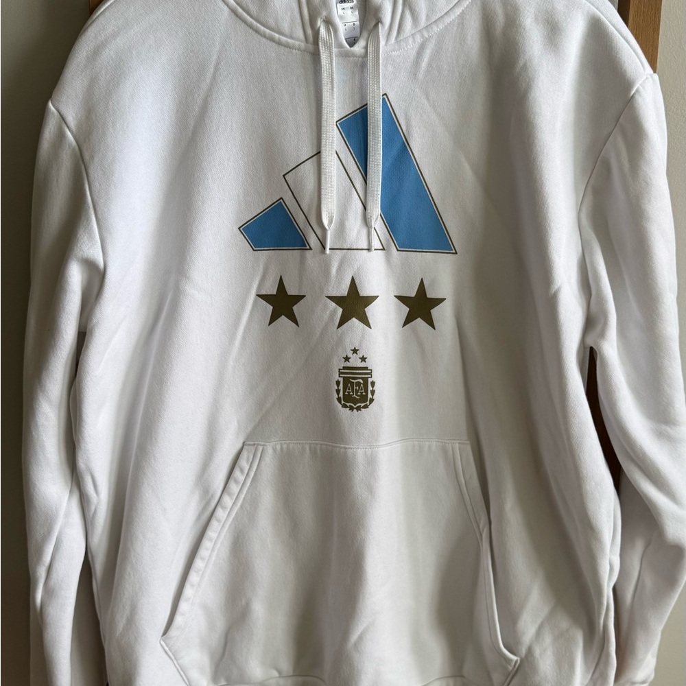 Adidas White Hoodie with Blue and Gold Accents - Picture 2 of 5